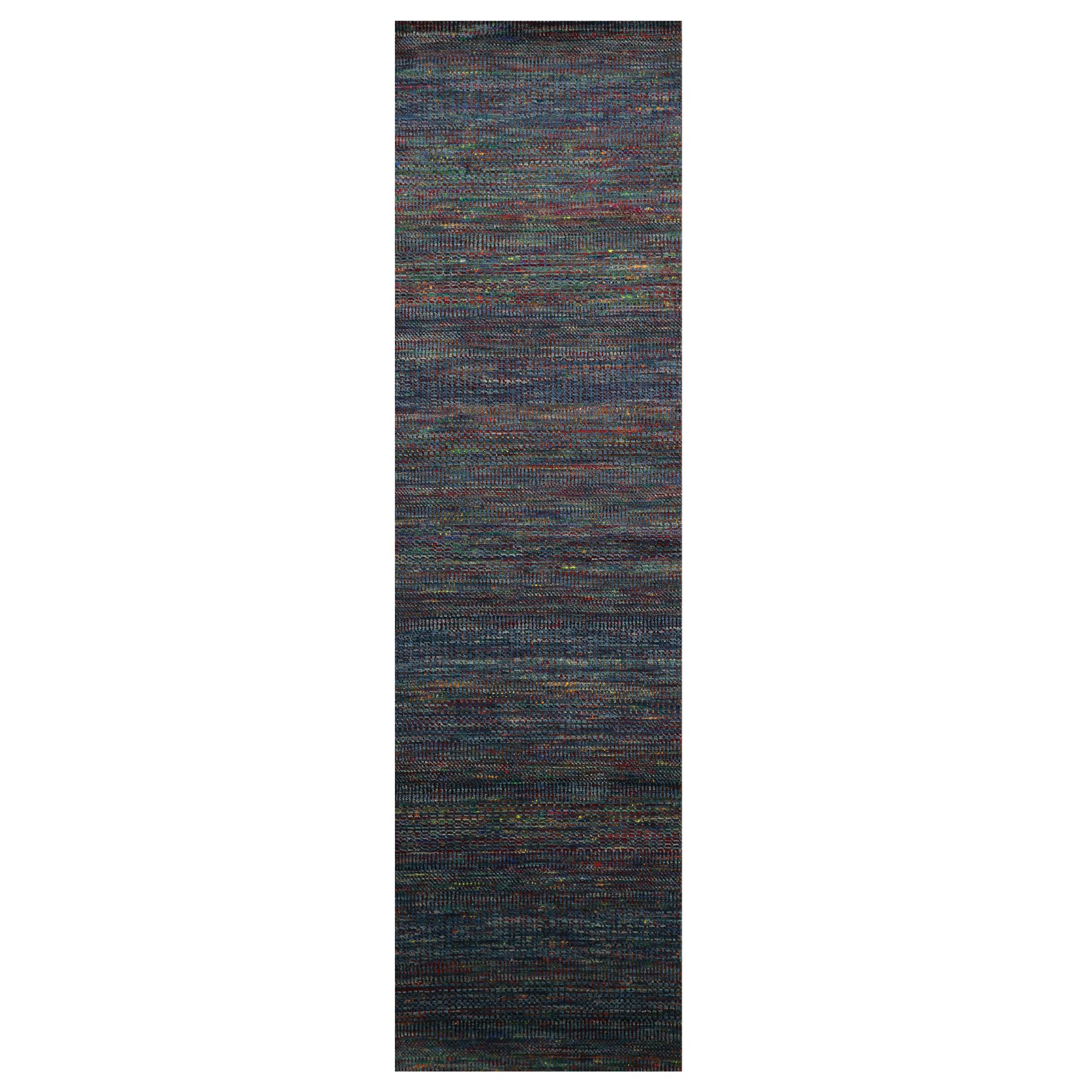 Yale Blue, Colorful Grass Design, Wool and Silk, Modern, Hand Knotted, Tone on Tone, Lush and Plush, Runner, Oriental Rug